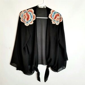 Joan Rivers size Large Kimono Cardigan Topper Chiffon Embroidery Cascade Black
